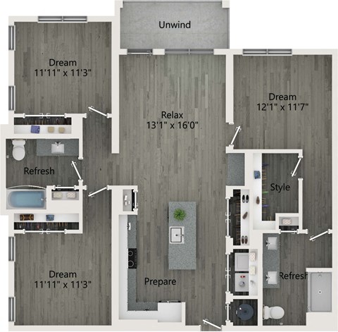 3 Bedroom 2 Bathroom B Floor plan at The Charles Apartments, Destin, FL